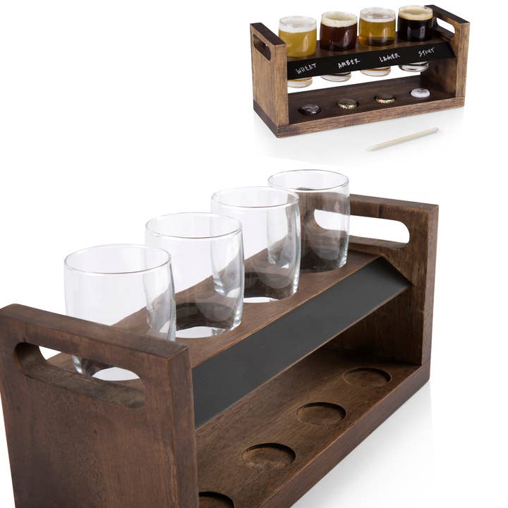 Acacia Wood Craft Beer Flight - Beverage Sampler Glass Gift Set for wholesale on Faire2