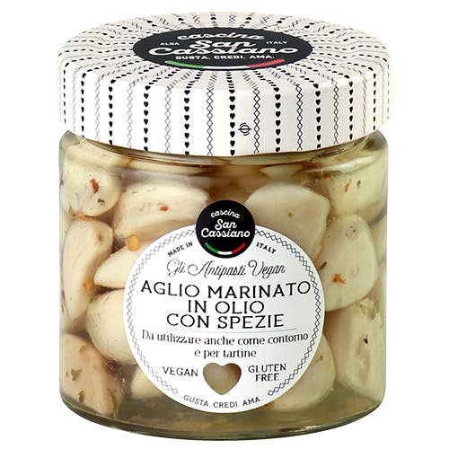 CASCINA SAN CASSIANO SRL – wholesale Inlagda grönsaker – Marinerad Vitlök i Olja Med Kryddor 190g - Vegansk-Glutenfri