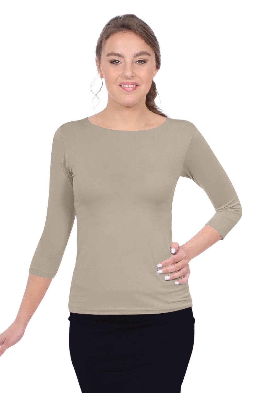 Kosher Casual - Wholesale T-Shirt - Women's - Fitted 3/4 Sleeve Layering Shell - High Round Neckline Slim-Fit Undershirt5
