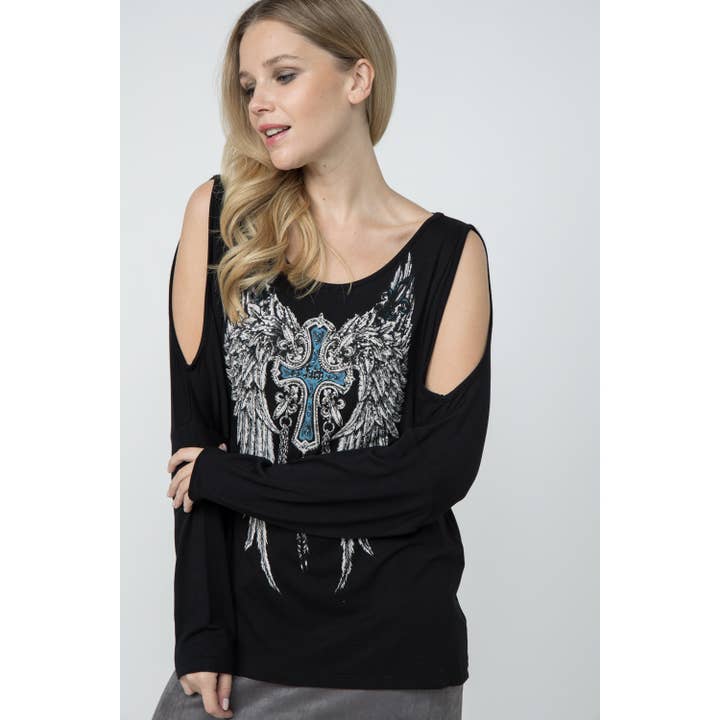 TOP DE MANGA COMPRIDA OMBRO ABERTO COM CRUZ E ASAS por atacado de VOCAL