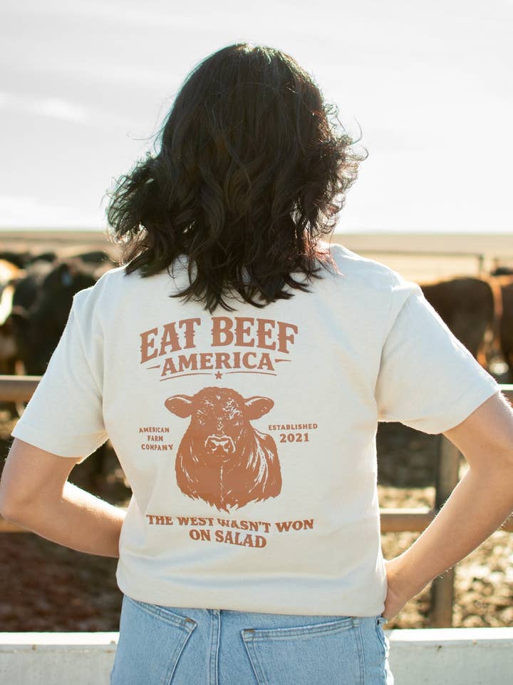 Western Brown Angus 'Eat Beef America' Tan Essentials Tee for wholesale by American Farm Company