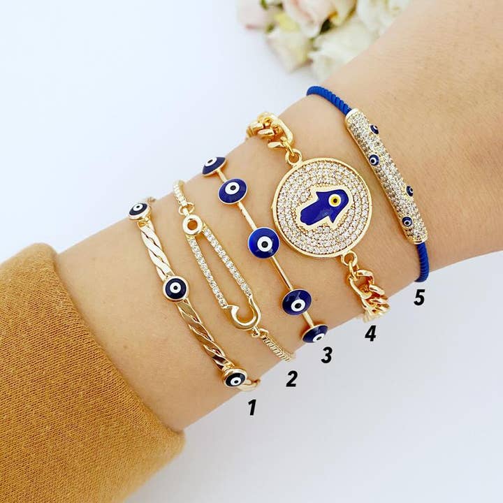 Evileyefavor – Engroshandel Armbånd med vedhæng – Blå Evil Eye Armbånd, Evil Eye smykker, Cuff armbånd, Zircon Hamsa hånd