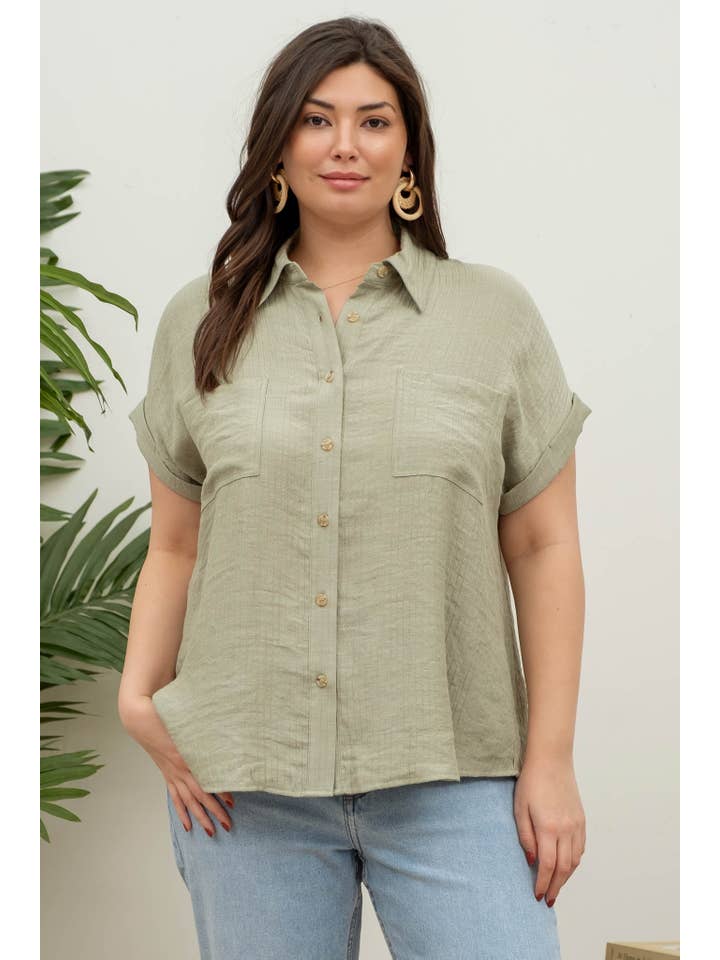 Blu Pepper - Wholesale Blouse - Women's - PLUS COLLARED CRINKLED CUFF SLEEVE BUTTON DOWN SHIRT