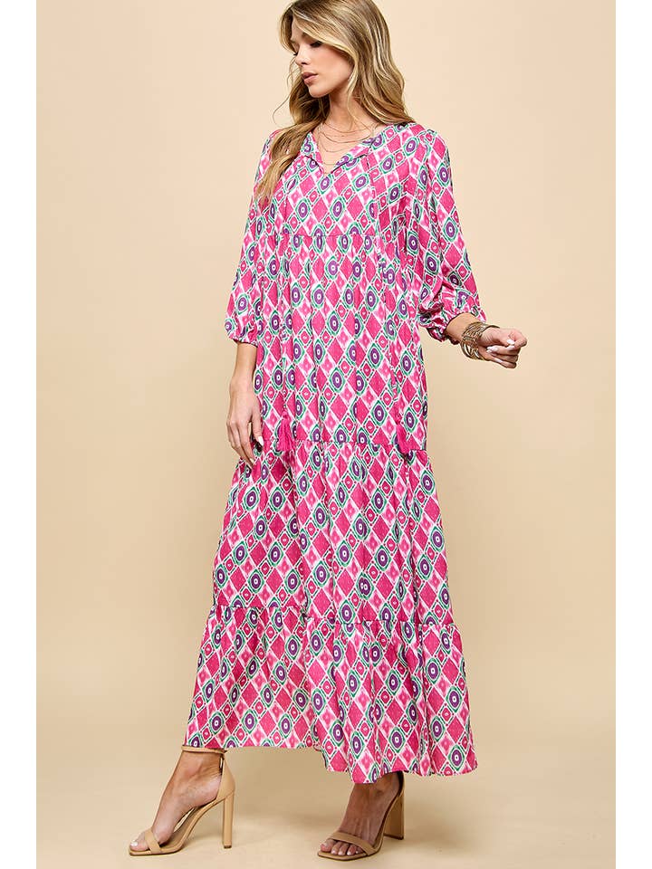 Cezele - Wholesale Dress - Women's - 3/4 Lantern Sleeve Print Boho Maxi Dress1