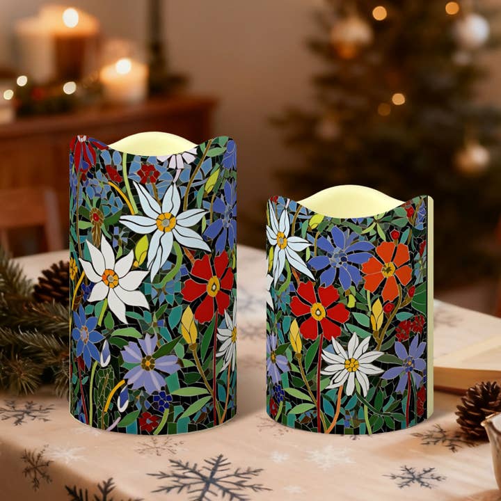 Floral Wave-Edge Flameless LED Pillar Candle Set of 3 for wholesale by Candles Meta