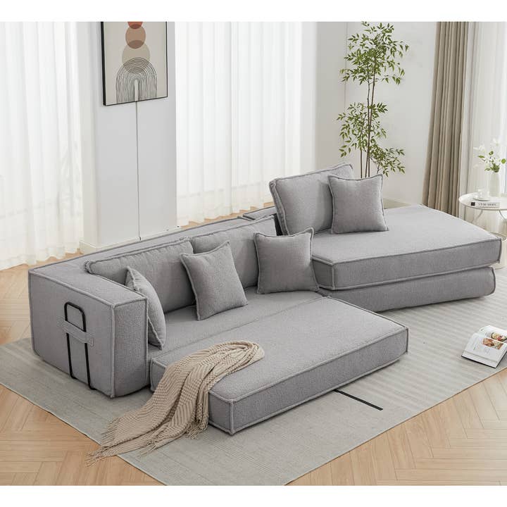 Gray Convertible 3-Seat Sleeper Sofa Bed with Lamb Velvet Fabric for wholesale on Faire