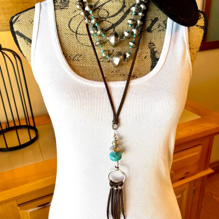 Fleurdesignz Western Jewelry - Wholesale Beaded/Pearl Necklace - Silver Bicone and Kingman Turquoise Necklace