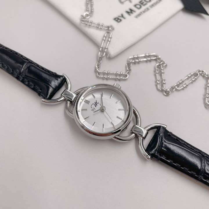 by M degrees - Wholesale Wrist Watch - Women's - 80s Vintage Style Women's Silver Watch Black Leather Strap3