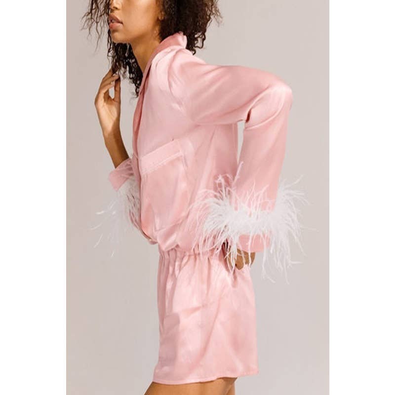 Paperdoll - Vente Haut et bas de pyjama – femme - Pyjama court à manches longues en plumes de soie6