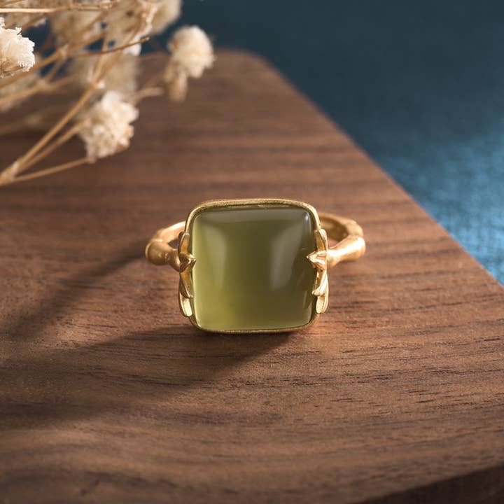 Bright MacMing - Wholesale Single Stone/Solitaire Ring - Golden Bambbo Over Jade Open Ring1
