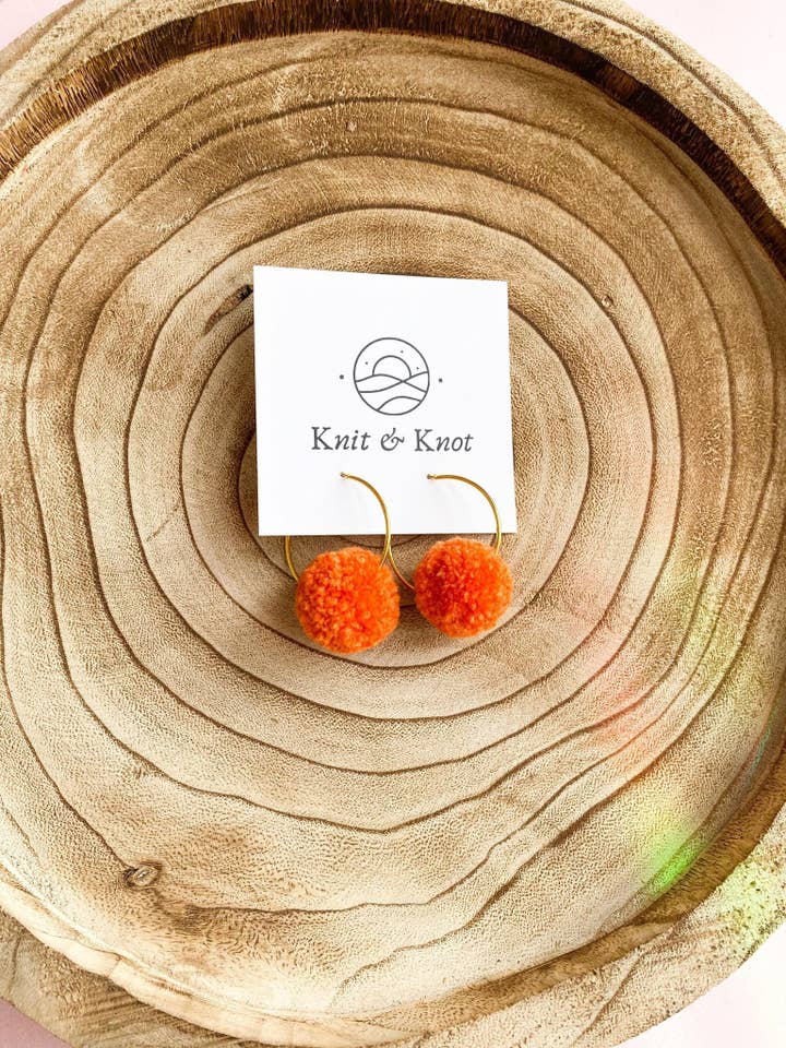 Mini Pom Pom Hoop Earrings, Orange Boho Earrings, Gift Ideas For Her, Handmade UK for wholesale by Knit&Knot Designs