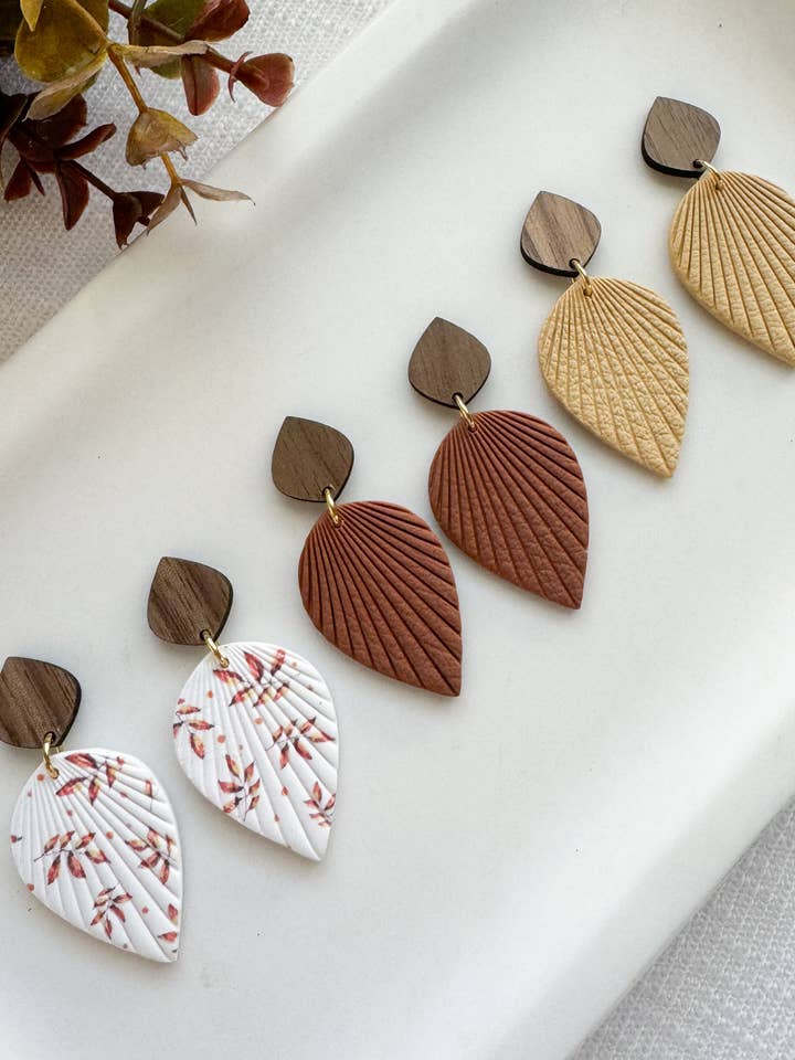 Teardrop clay and wood dangle earrings, boho wood earrings for wholesale by Lotus of clay