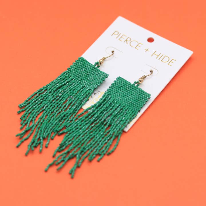 Custom Green Beaded Square Fringe Earrings|Statement Earrings for wholesale by Pierce + Hide