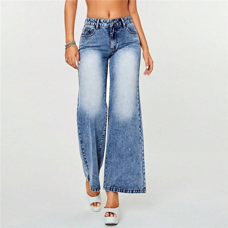 AZUL Pantalones de mezclilla casuales holgados de cintura alta, rectos, de pierna ancha, de cintura alta de venta al por mayor en Faire0