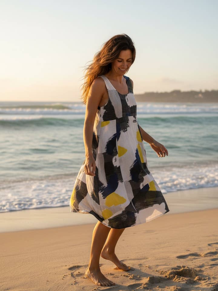 8119 DRESS WITH POCKETS IN LINEN, ABSTRACT ARTISTIC PRINT for wholesale by LINEN & COTTON HOUSE