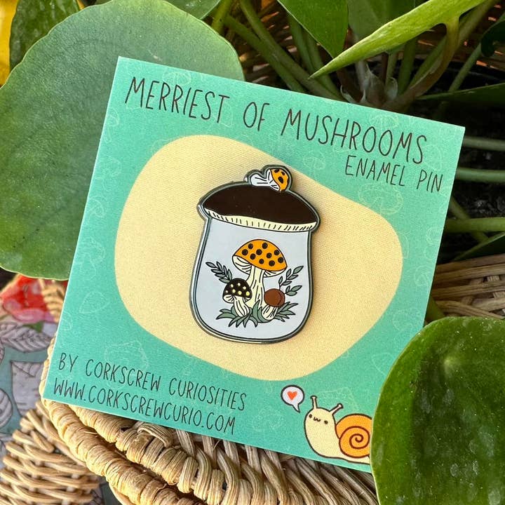 Merry Mushroom Canister Enamel Pin for wholesale by Corkscrew Curiosities
