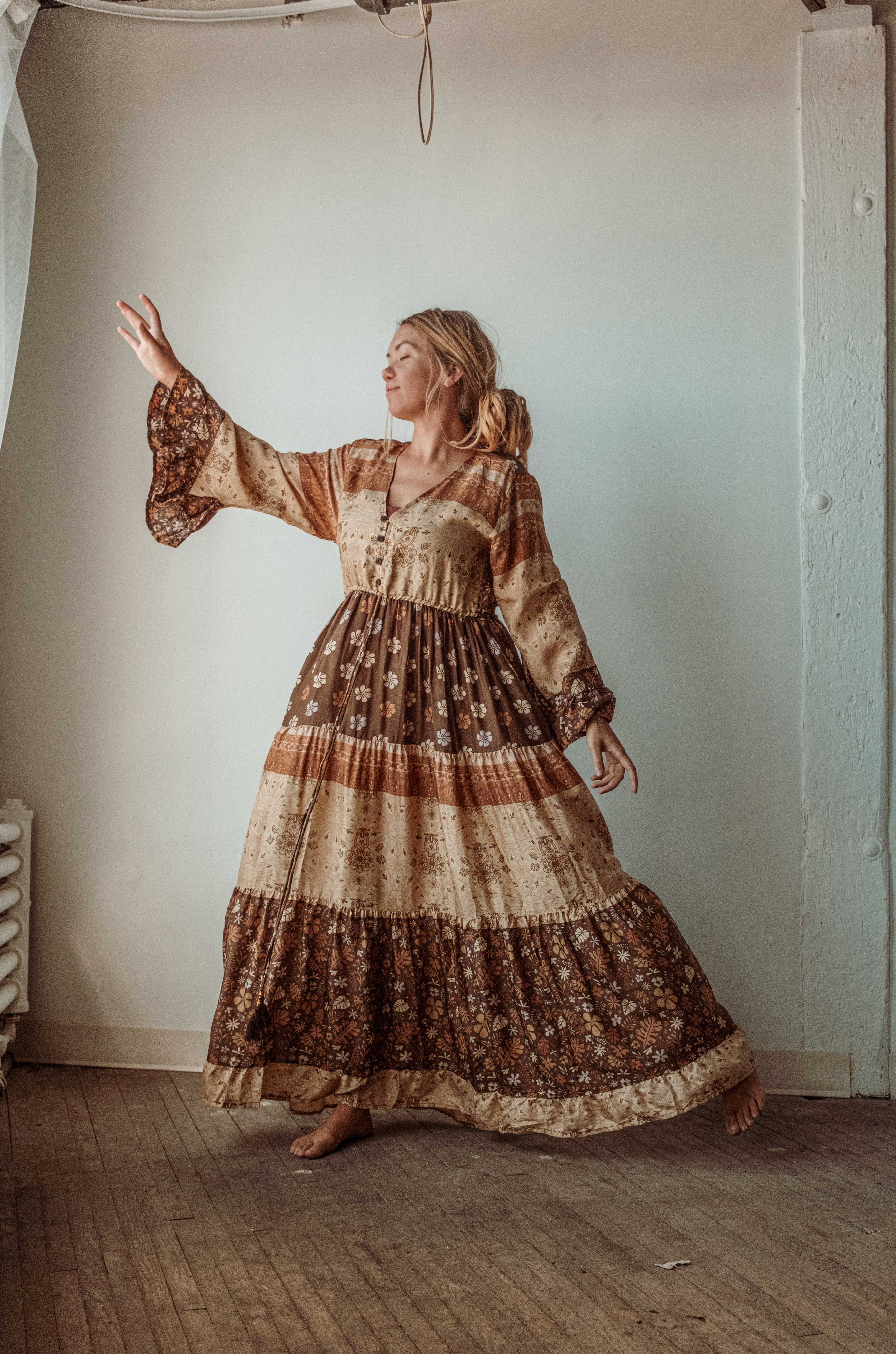 Gardenbelle Shop – wholesale Dress – Women's – Boho Hippie Maxi Dress, Earthy Solstice Bell Sleeve Dress8