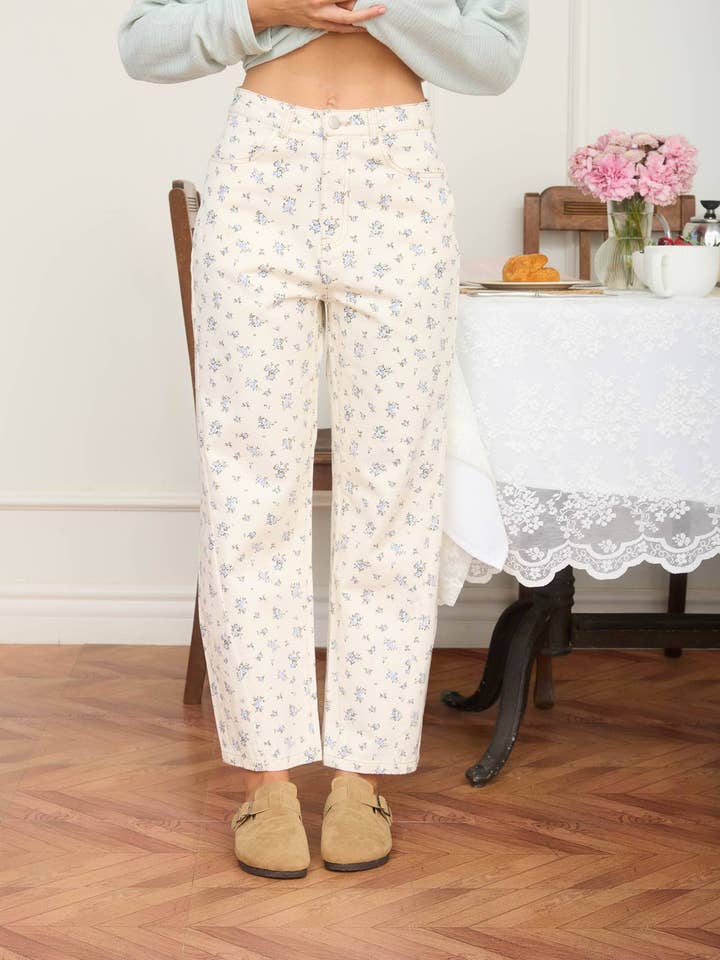 FLORAL ECRU DENIM PATTERN JEANS for wholesale by J.O.A