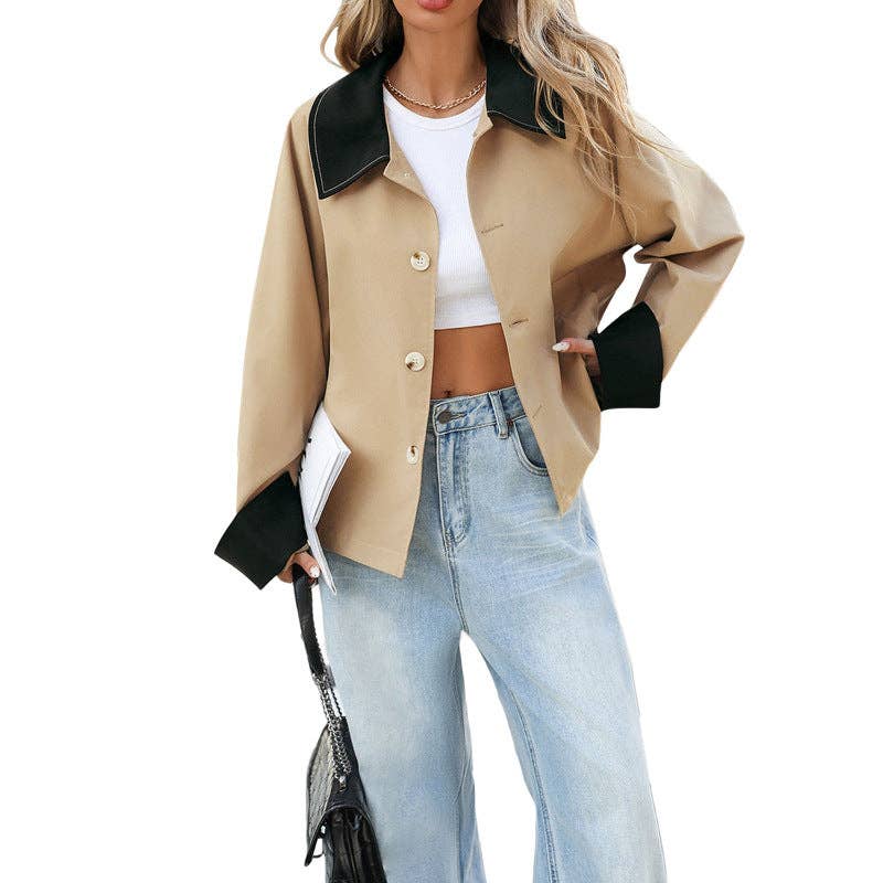Khaki Contrast Collar Colorblock Cropped Lightweight Jacket for wholesale on Faire4