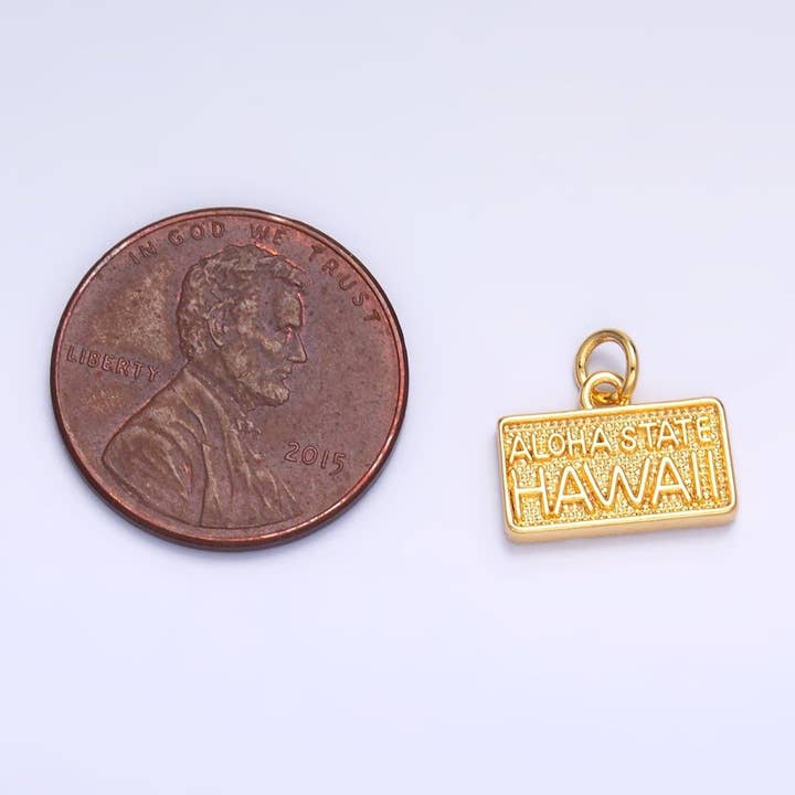 Aim Eternal - Wholesale Individual Charm/Pendant - 24K Gold Filled "ALOHA STATE: HAWAII" Script License Plate Charm in Gold & Silver | W2842