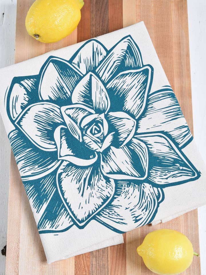 Organic Cotton Succulent Tea Towel in Green - Plant Print for wholesale by Hearth and Harrow