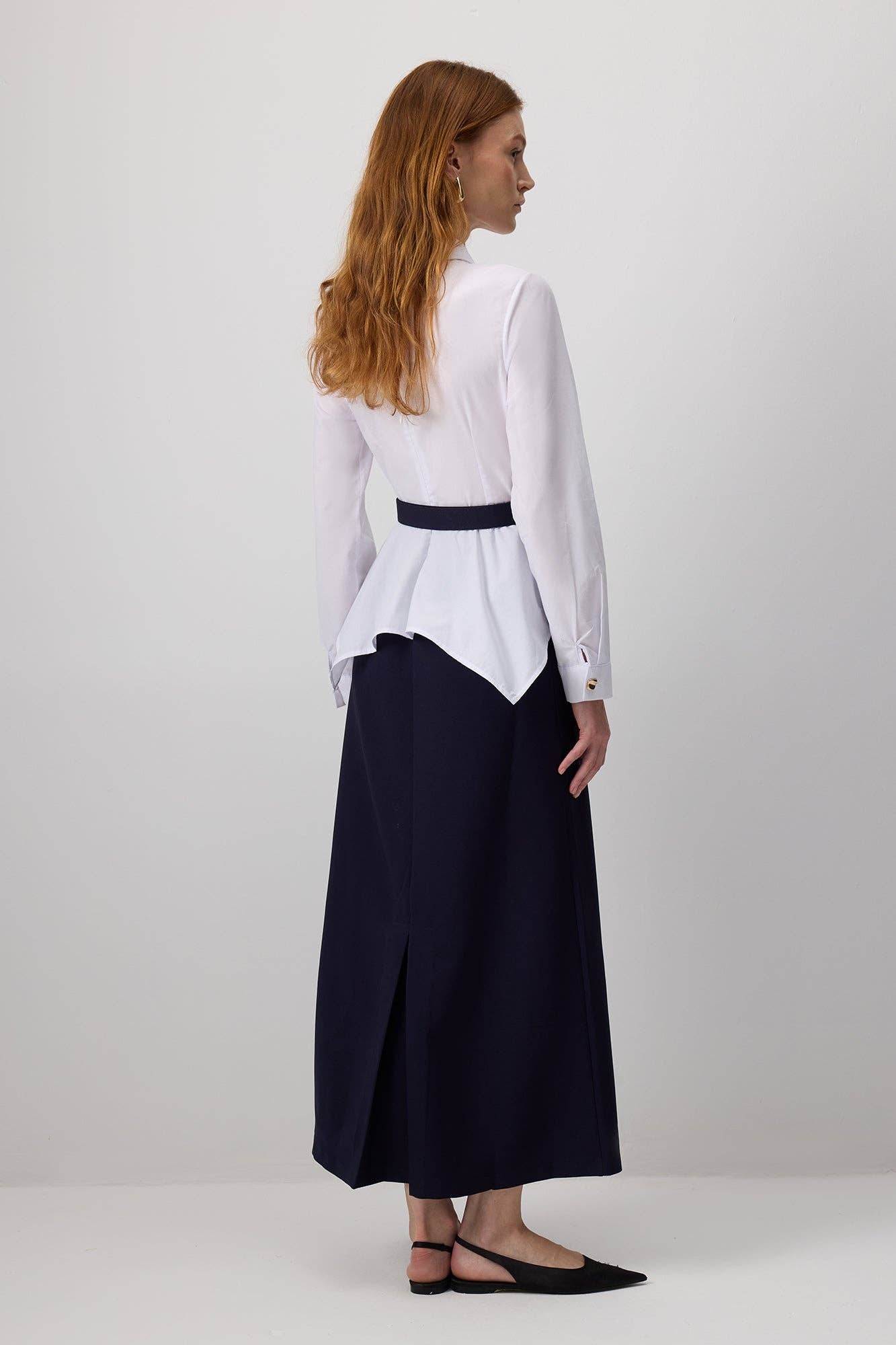 Navy Blue Belted White Poplin Shirt Dress with Pleated Hem  for wholesale on Faire5