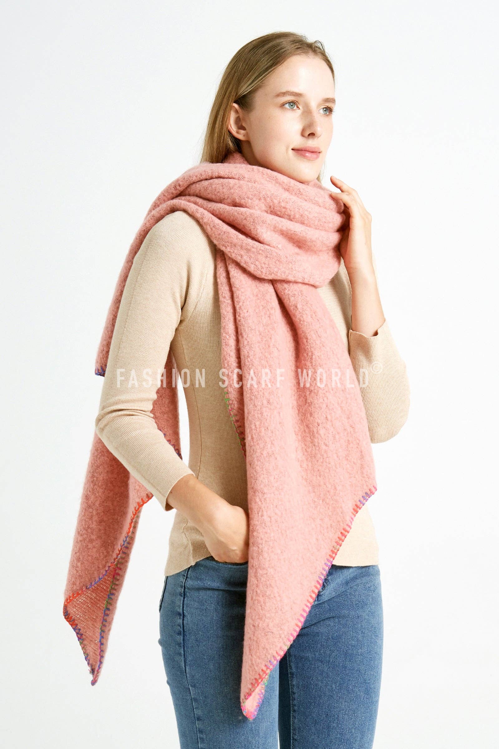 Fashion Scarf World - Wholesale Scarf - Women's - Plain Contrast Stitch Wool Diagonal Edge Scarf12