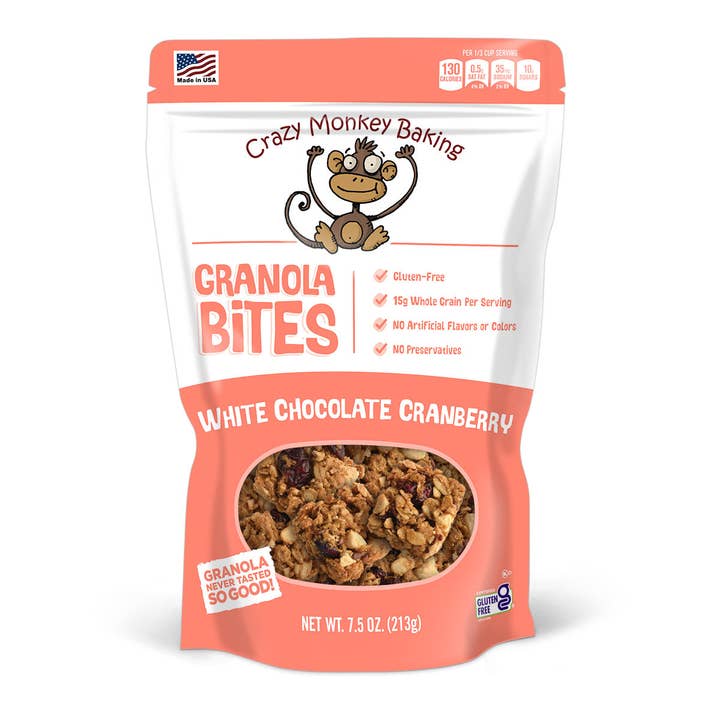 7.5 oz. Crazy Monkey White Chocolate Cranberry Granola Bites for wholesale by Crazy Monkey Baking