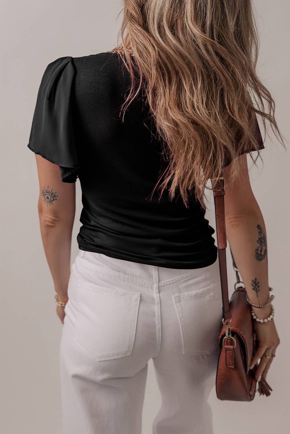 FULL TIME PURCHASE - Wholesale Blouse - Women's - Mesh Ruffled Sleeve Slim Fit V Neck Top5