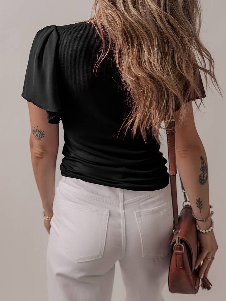 FULL TIME PURCHASE - Wholesale Blouse - Women's - Mesh Ruffled Sleeve Slim Fit V Neck Top5