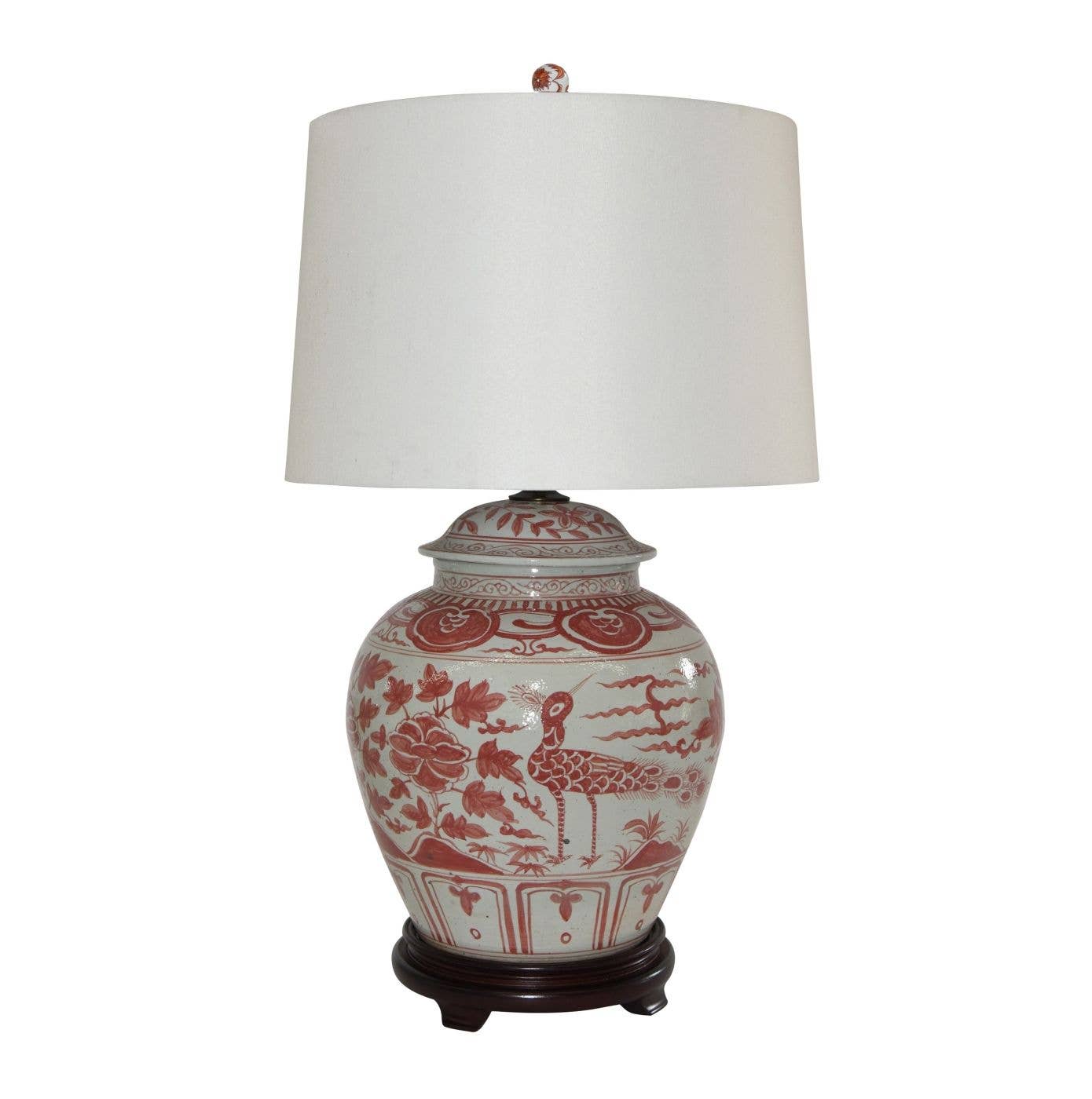 Legend Accents - Wholesale Accent/Desk Lamp - Coral Red Barn Jar Bird Motif Lamp Wood Base0