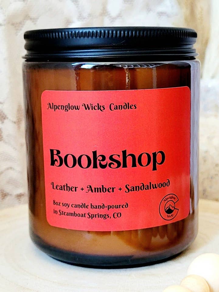 Bookshop Soy Candle 8oz for wholesale by Alpenglow Wicks Candles
