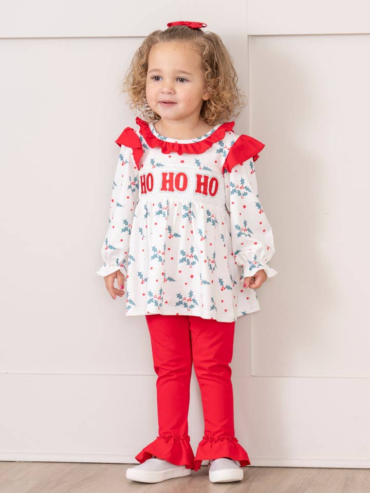 Marie Nicole Clothing - Wholesale Top & Leggings Set - Kids - Red & Green Smocked "Ho Ho Ho" Ruffle Outfit
