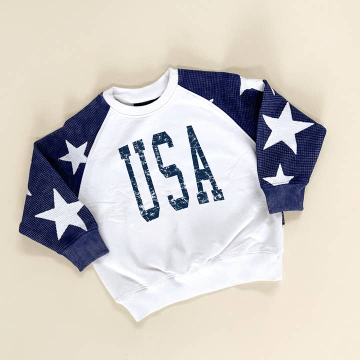 USA Varsity Child con mangas gofradas, cuello redondo, azul marino/blanco para venta al por mayor de Merce and Company