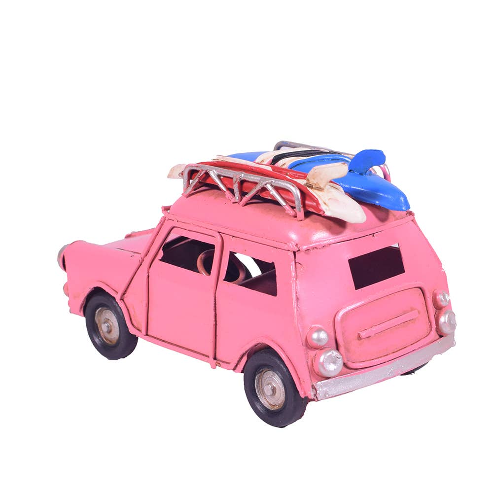 giftland - Wholesale Decorative Tabletop Object - Retro Metal Pink Car Miniature with Surfboards1