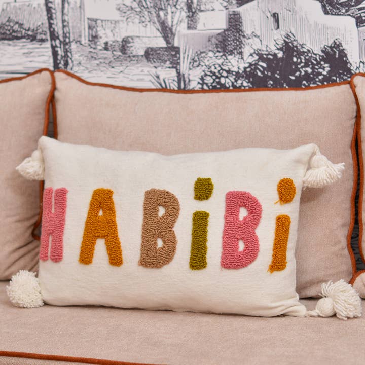 Handmade multi-color personalized HABIBI cushion in cotton for wholesale by romeda