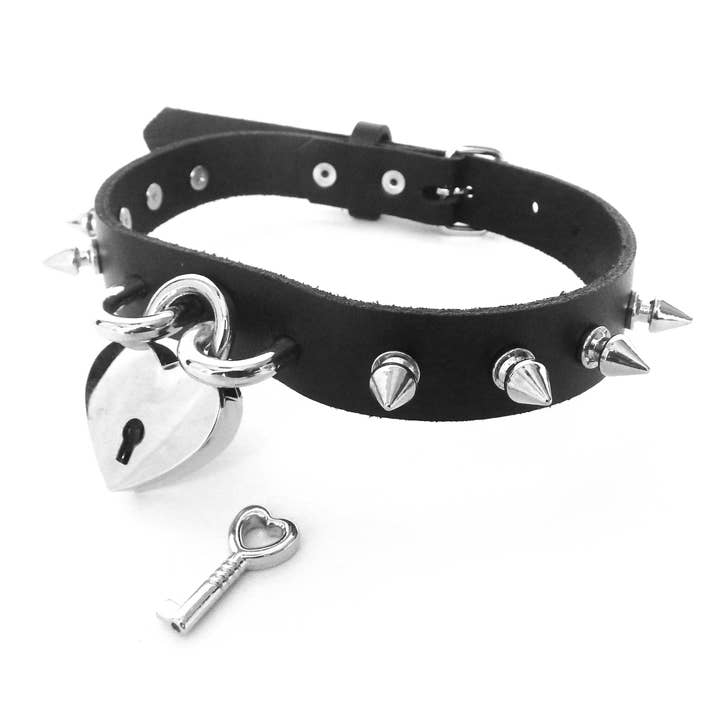 Black Studded Heart Padlock Choker with Key for wholesale by 8th Sin
