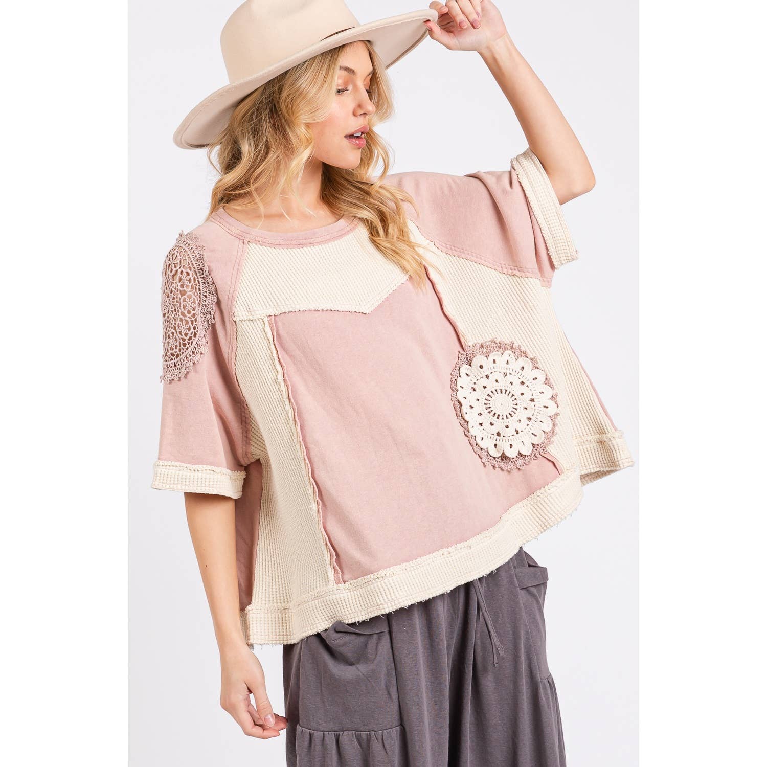 Sage VINTAGE CROCHET PATCHWORK TOP (ST7715) for wholesale on Faire8