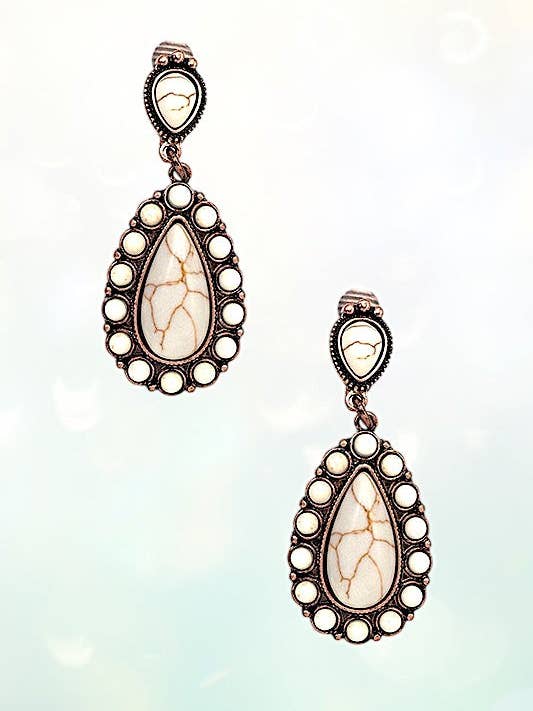 TEARDROP GEMSTONE FRAMED DANGLE CLIP ON EARRING for wholesale by Andrea Bijoux