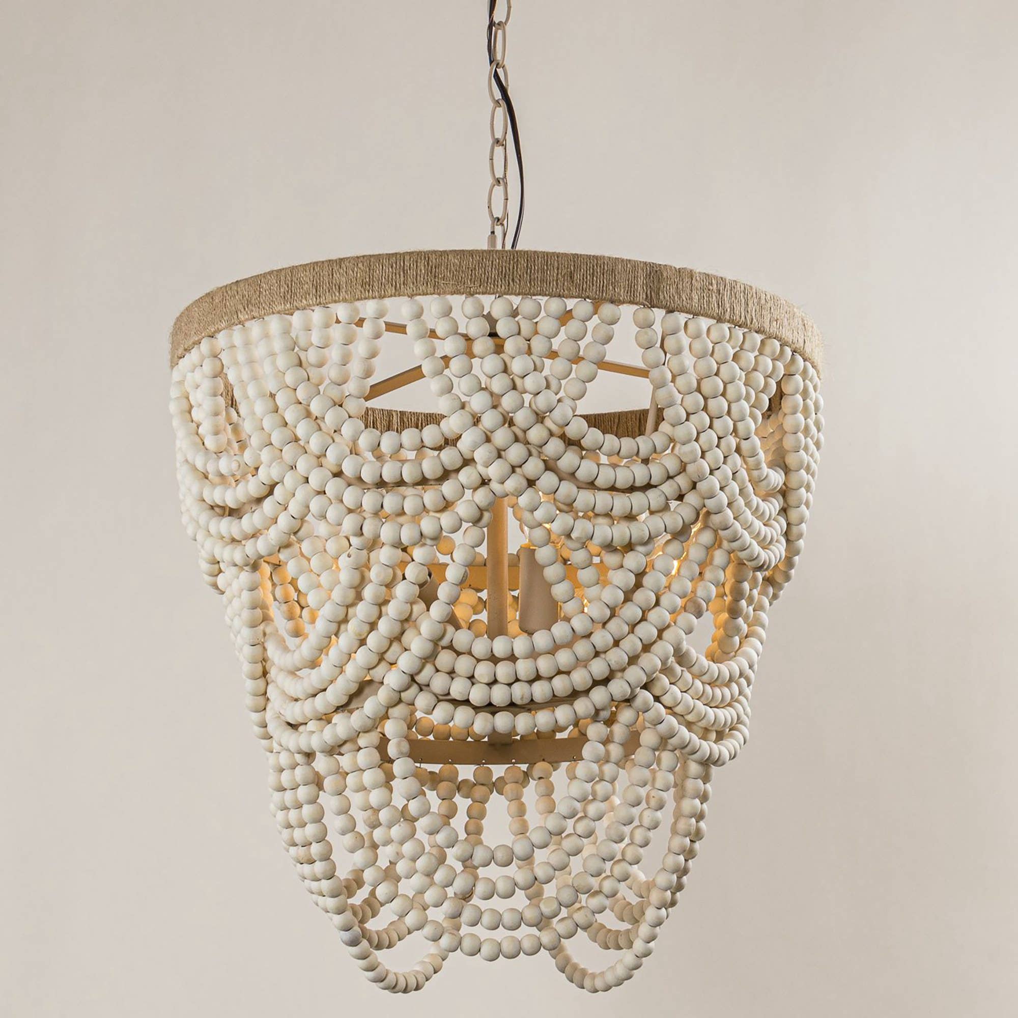 Off White Lusteria 20" Wood Bead 4-Light Tiered Coastal Chandelier for wholesale on Faire17