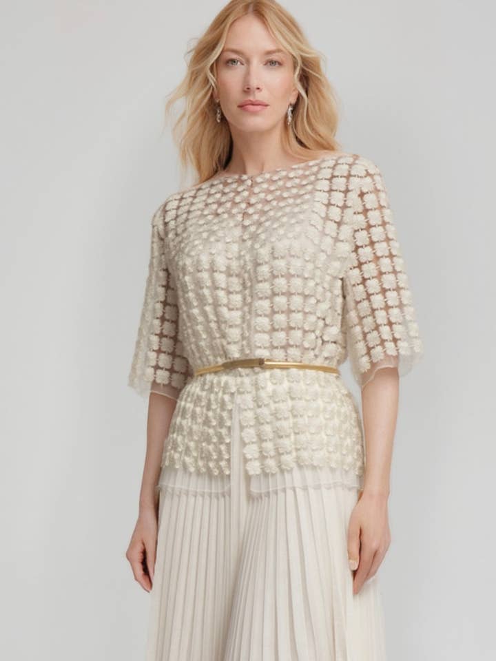 Camisa corta de organza de encaje con mangas 3/4 (Marfil) para venta al por mayor de Ellyndale