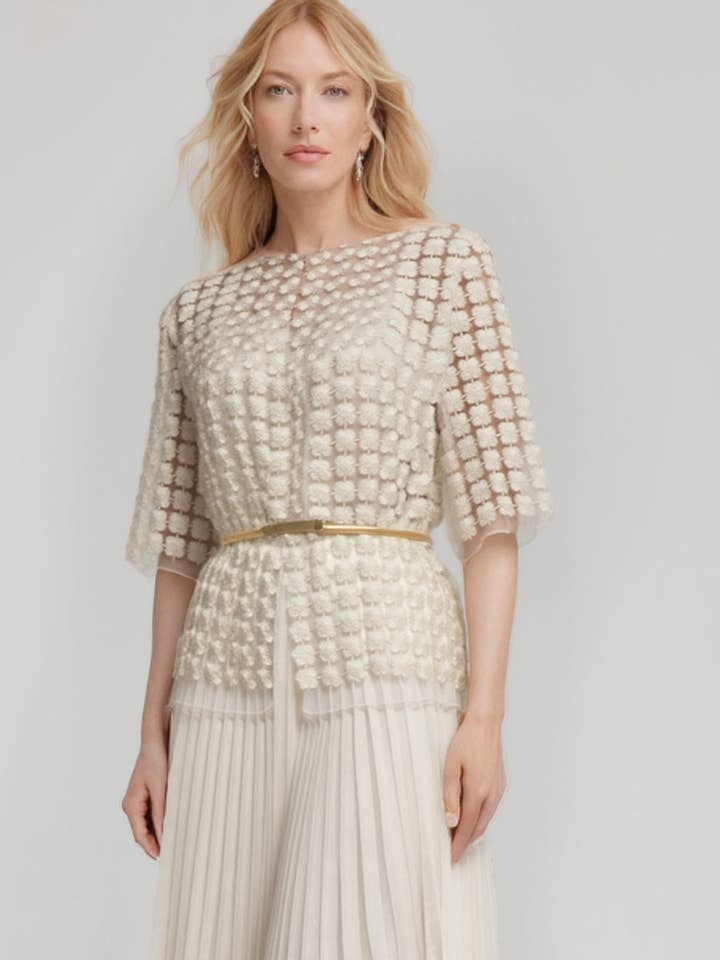 Short Lace Organza shirt with 3/4 sleeves (Ivory) for wholesale by Ellyndale