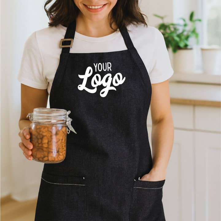 Skræddersyet logo bomuldsdenim forklæde, økologisk og Fairtrade for engroshandel hos Lovetree Design