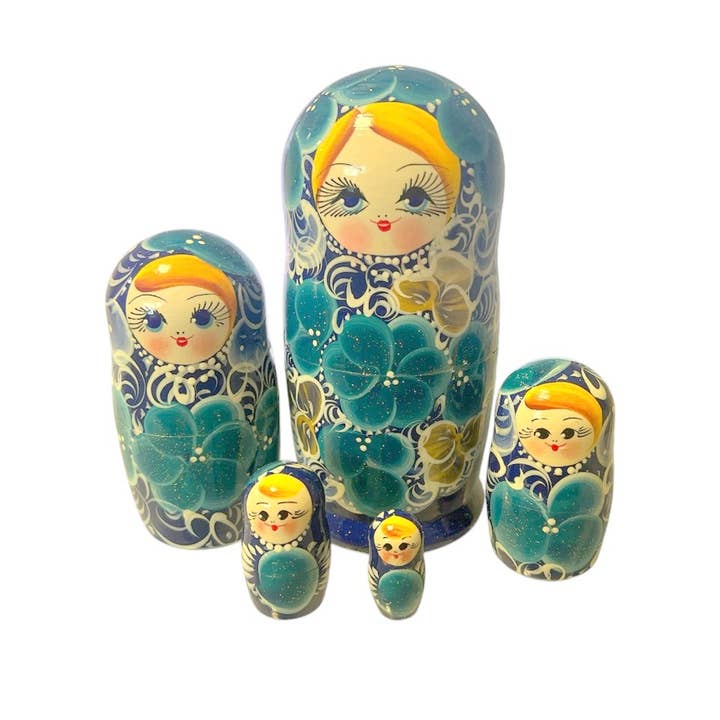 GSZ corporation DBA Gabriella's Gifts - Vente Poupée – enfant - Ensemble de poupées de nidification florales Bleu, 5 Pcs/15,2 cm3