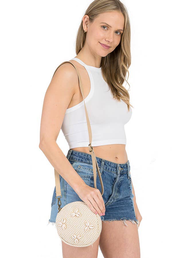 Cap Zone - Vendita all'ingrosso Borsa a tracolla - Donna - Borsa in vimini circolare all'uncinetto in paglia decorata con conchiglie6