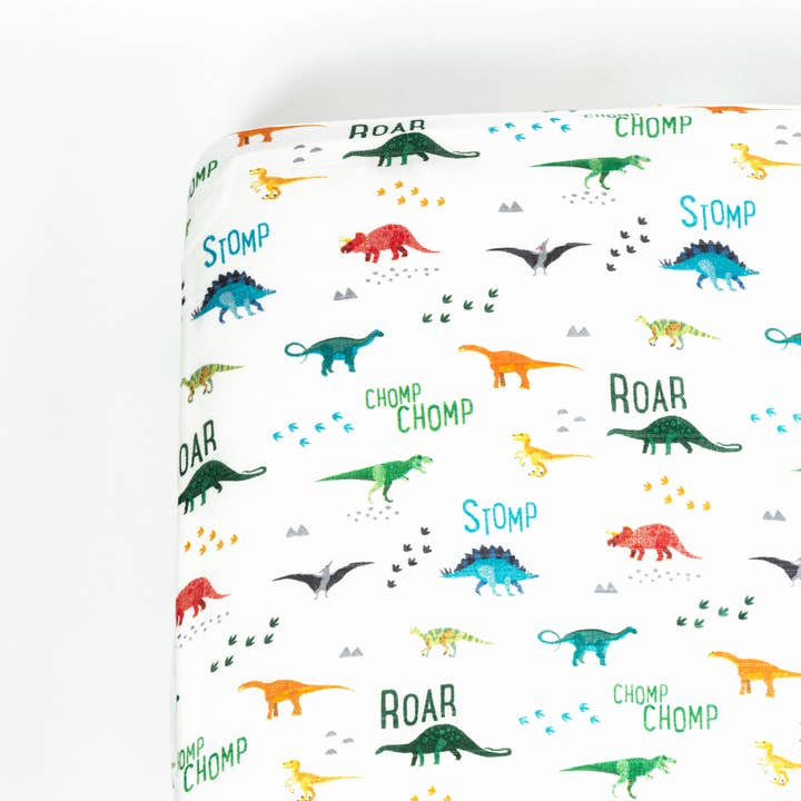 Modern Dino Bamboo Muslin Crib Sheet for wholesale by Lil North Co