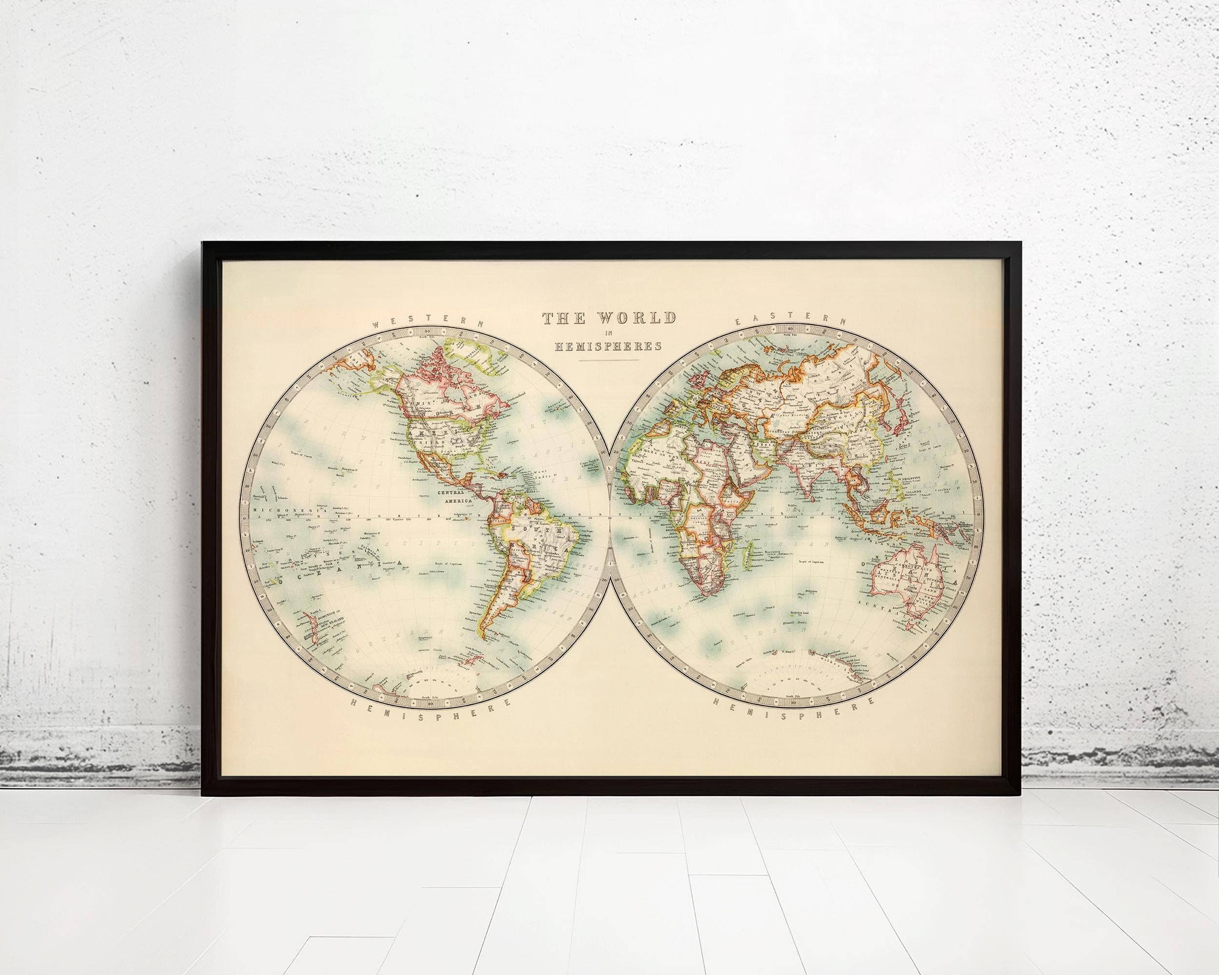 OldCityPrints - Old Maps and Posters - Wholesale Map - Old World Map Atlas Vintage World Map 1912 Two Hemispheres | World Map Gift World Map Print | Vintage World Map | World Map Wall Art