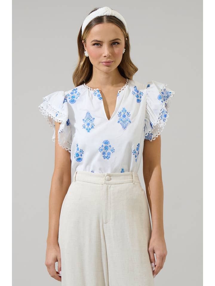 WHT BLUES Yila Floral Ema Ruffle Top for wholesale on Faire