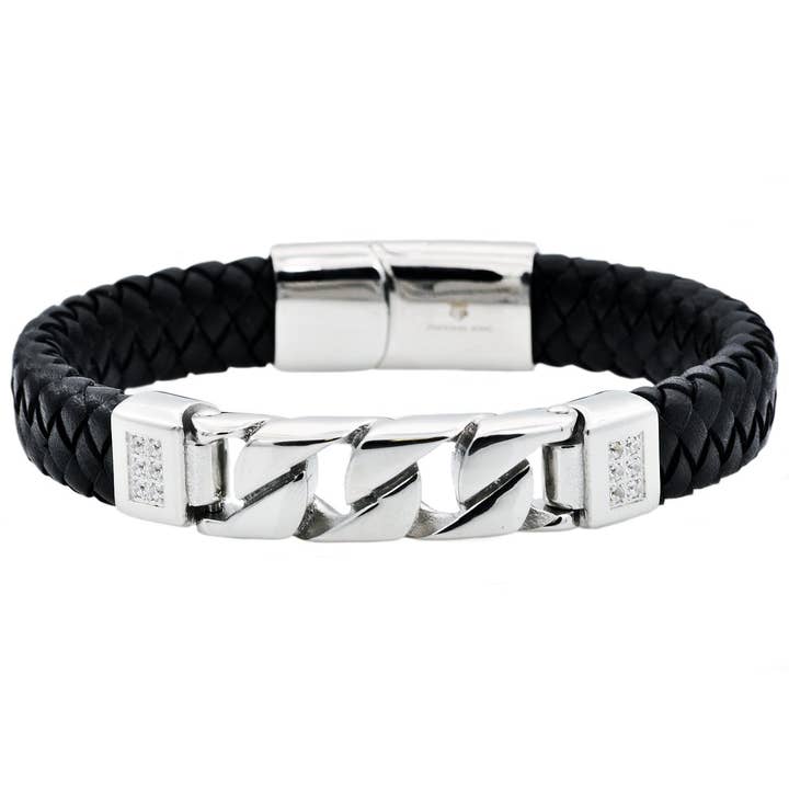 Blackjack Mens Jewelry - Wholesale Woven/Braided Bracelet - Men's Black Leather And Stainless Steel Imitation Curb Link