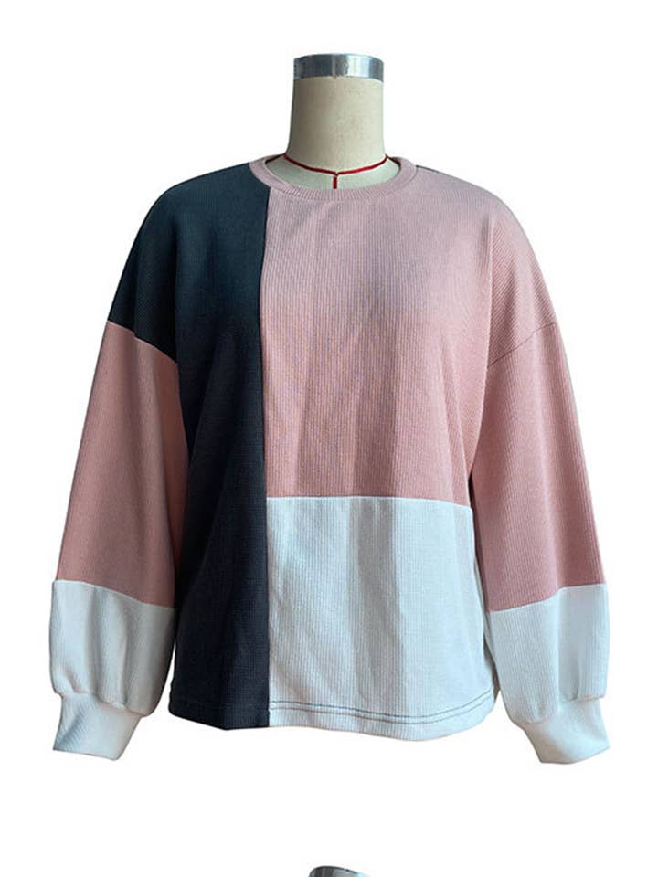 Pink Long Sleeved Color Blocked Knitted Waffle Hoodie for wholesale on Faire